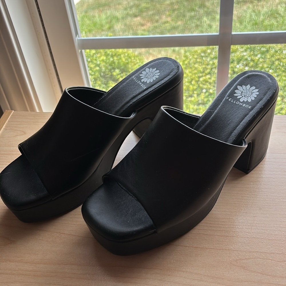 Yellow Box Black Platform Mule Heels